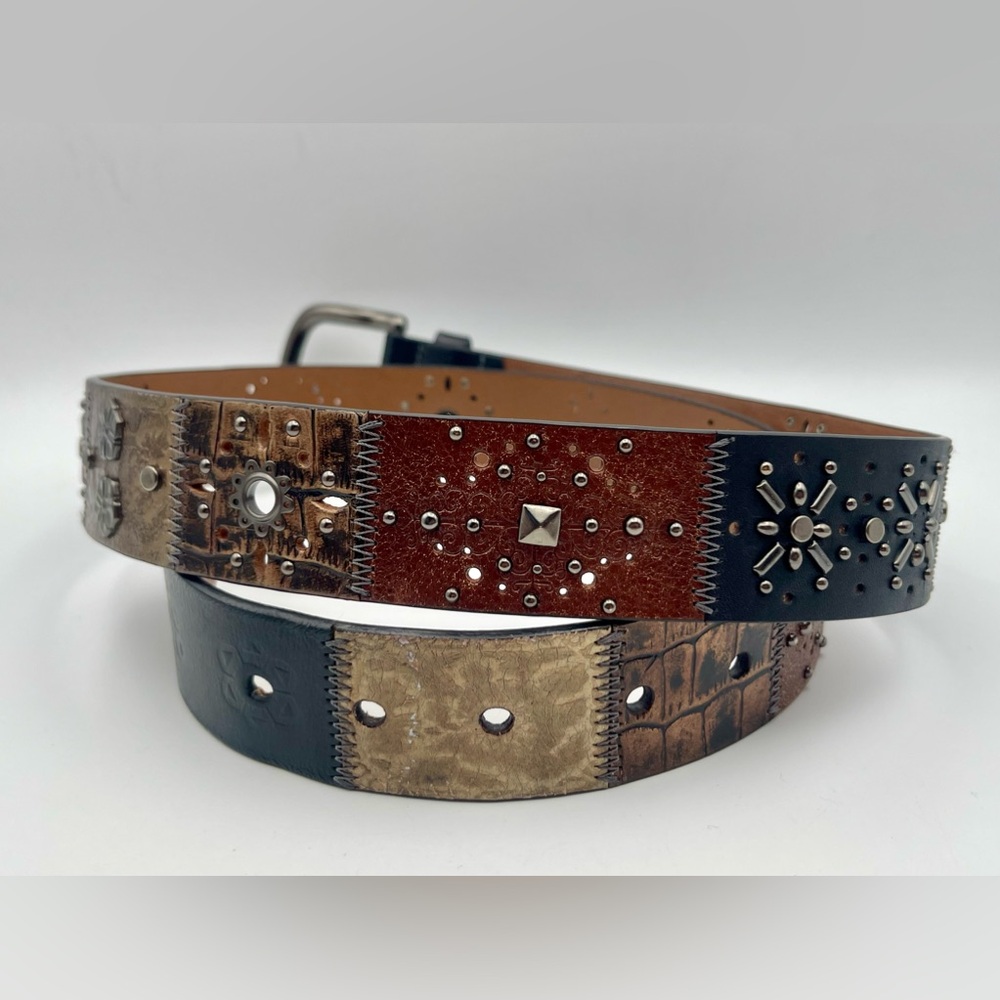 FOSSIL Sunset Leather Patchwork Belt Large Metallic Embossed Studded Boho